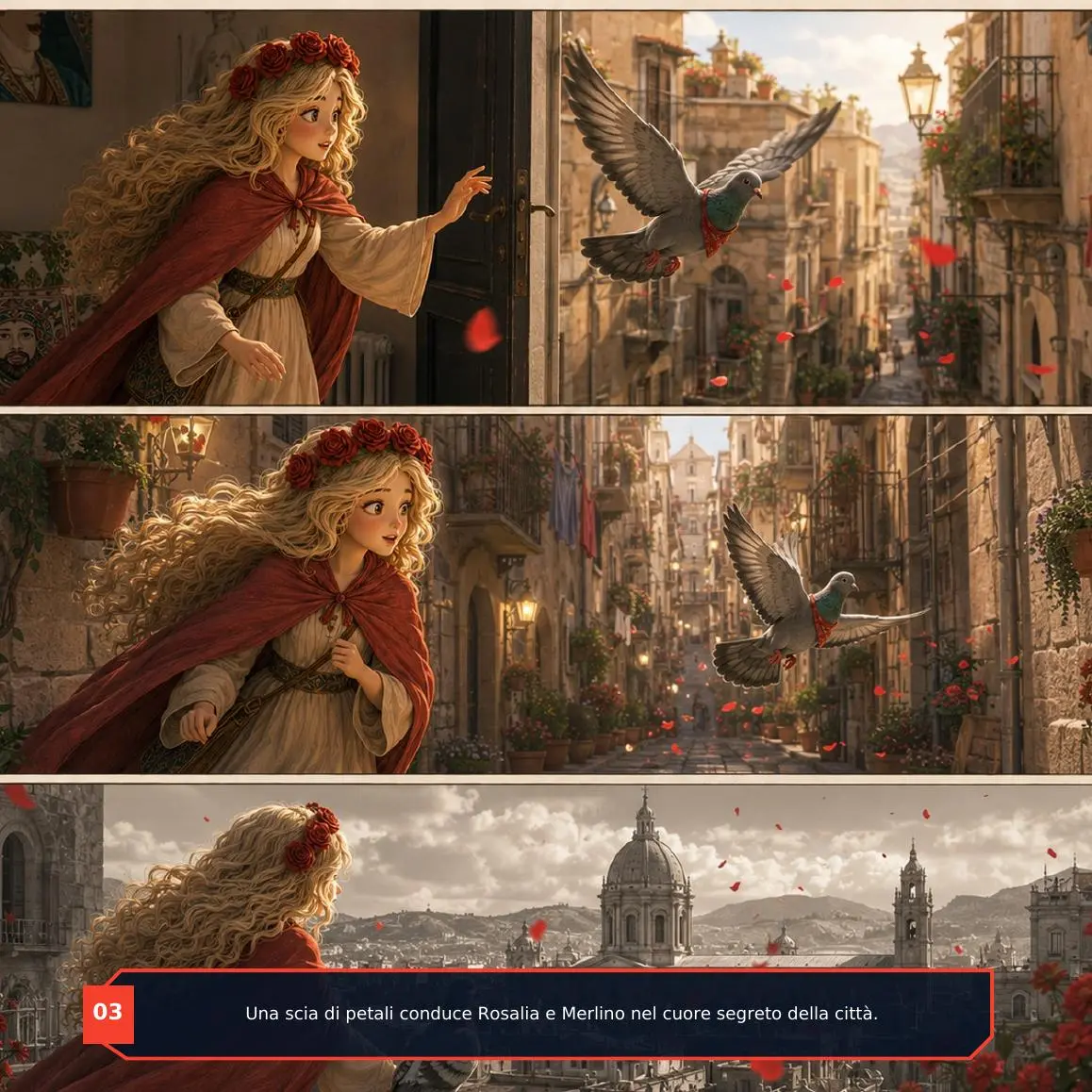 Una scia di petali conduce Rosalia e Merlino nel cuore segreto della città.
