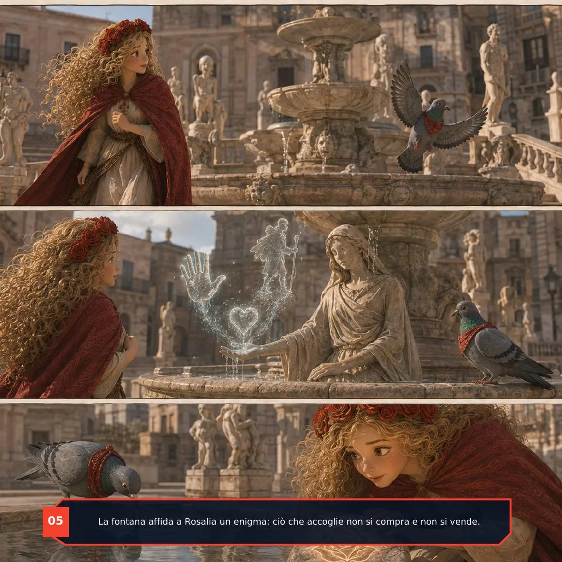 La fontana affida a Rosalia un enigma: ciò che accoglie non si compra e non si vende.